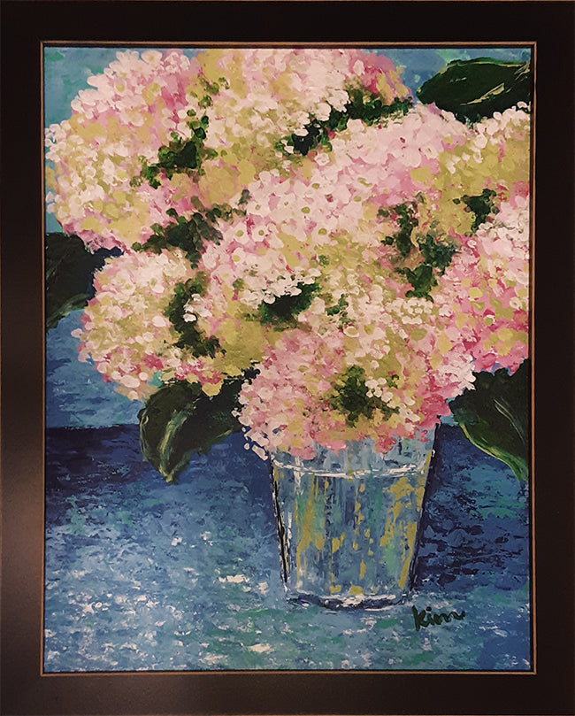 Pink Hydrangeas in Blue Vase